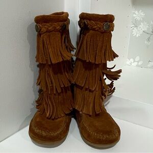 Kids Minnetonka Brown Suede Triple Fringe Boot Moccasin Native American Boho